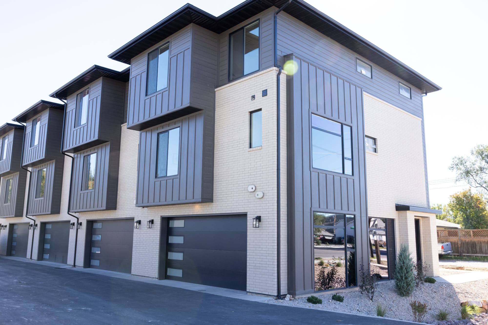 The Preserve on 9th — garage side of the townhomes